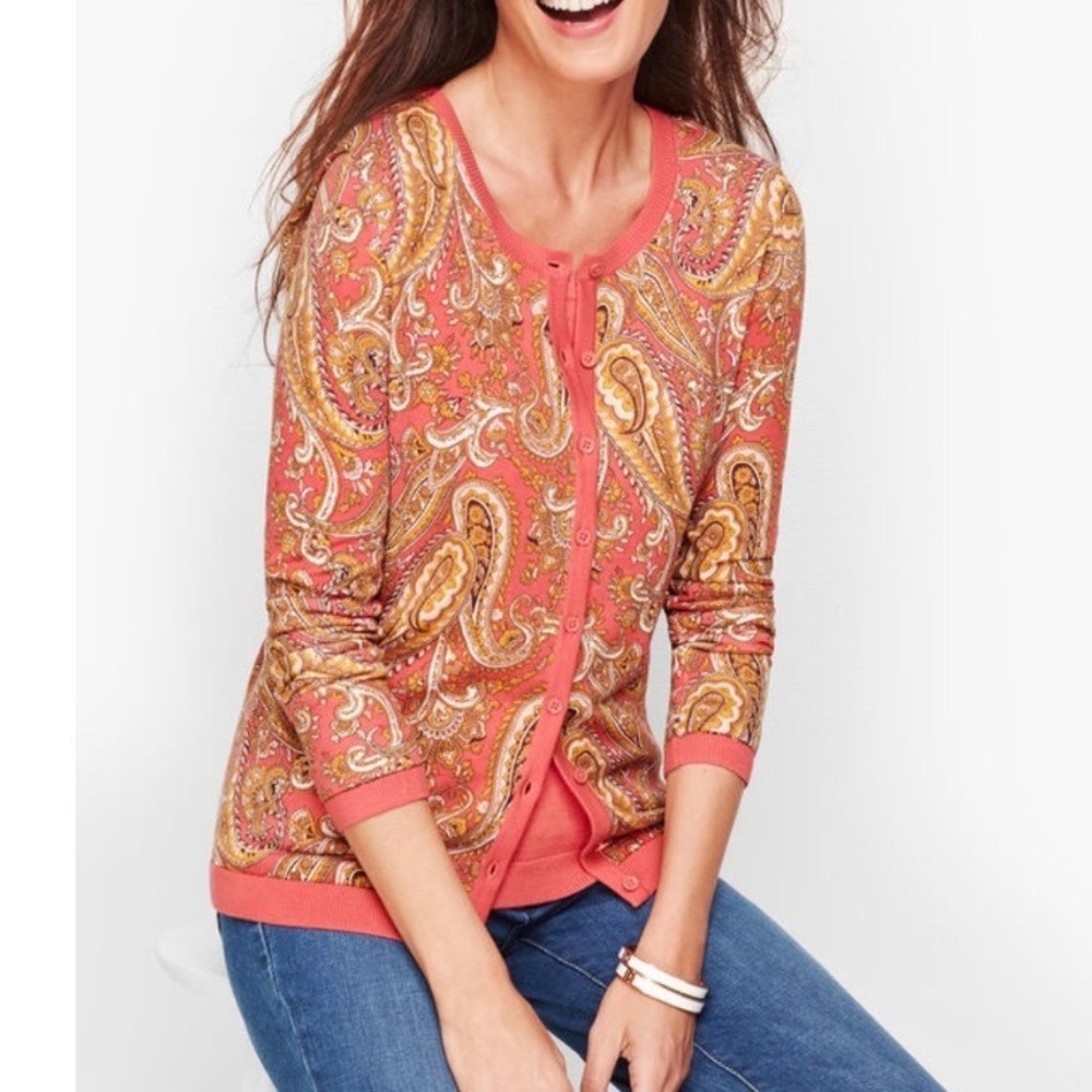 Talbots English Paisley Charming Cardigan Sweater Size M Pet Button Front Preppy